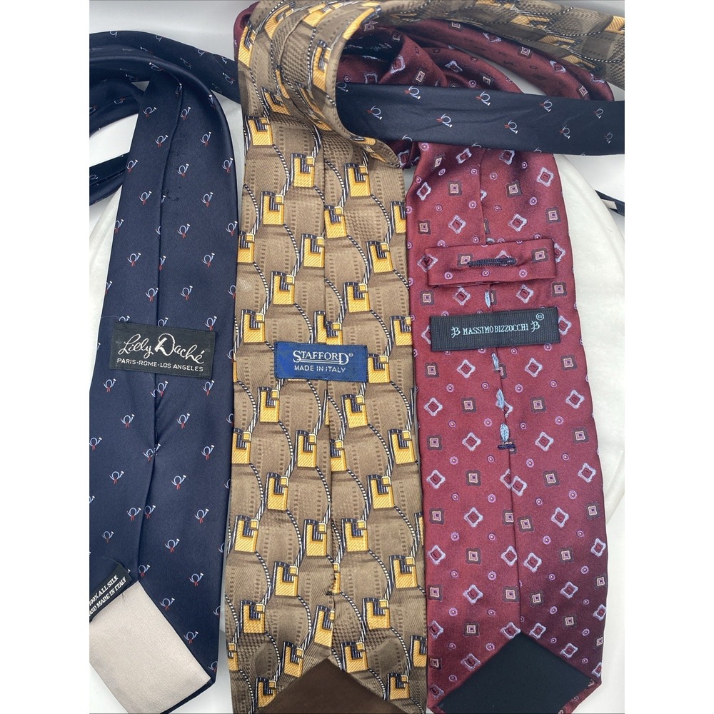 Men's 100% Silk Italian Ties Lot Of 3 Navy Blue Maroon Brown Gold Geometric